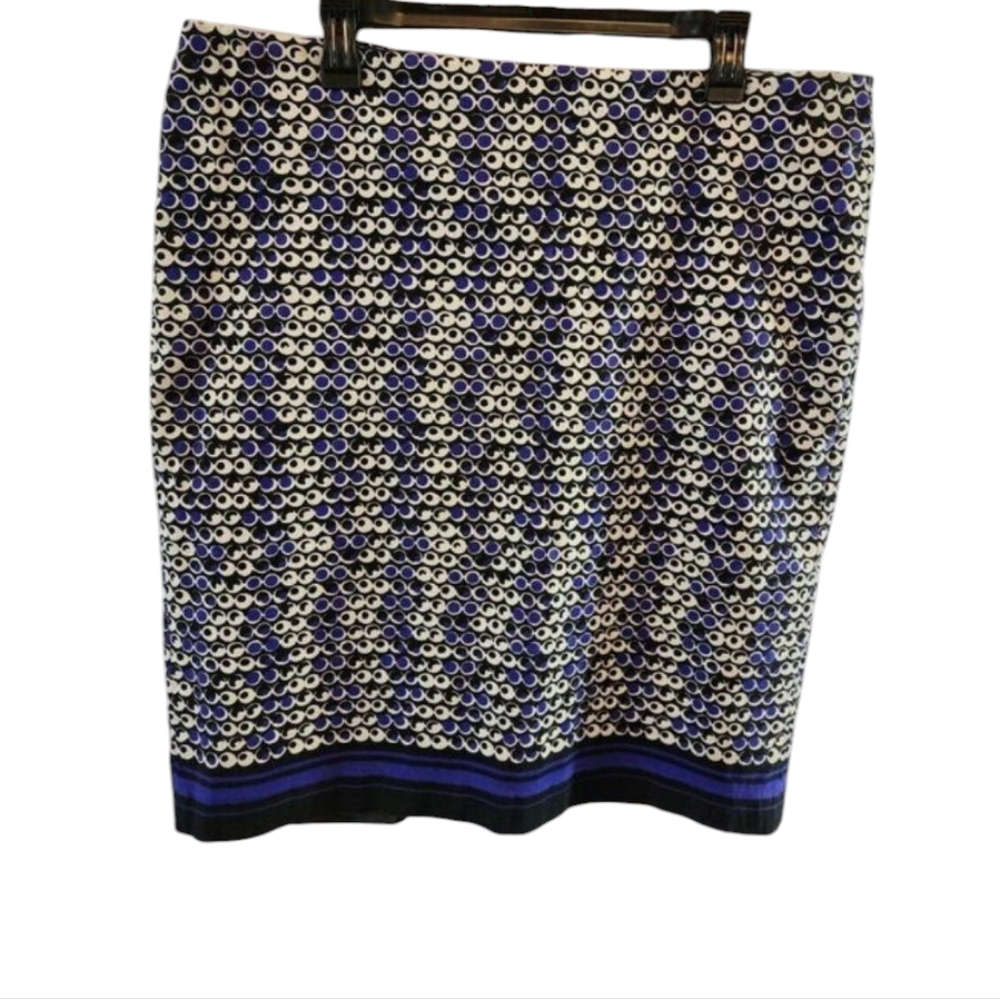 ANN TAYLOR BLUE/BLACK/WHITE SKIRT, SIZE 18, DOT/CIRCLE DESIGN, FULLY LINED